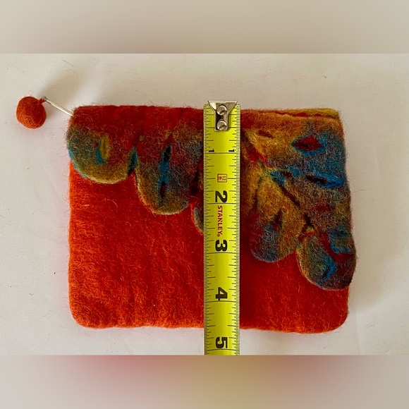 Zip Pouch Felted Boiled 100%Wool Clutch Bag Cosmetic Handmade Orange Leaf Motif - Picture 8 of 9